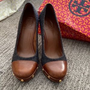 Tory Burch Wanda flannel leather charcoal Sienna heels shoes 7.5